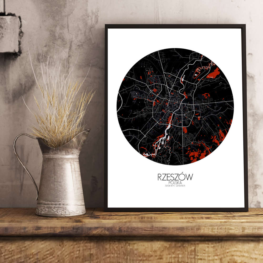 Mapospheres Rzeszow Red dark round shape design poster city map