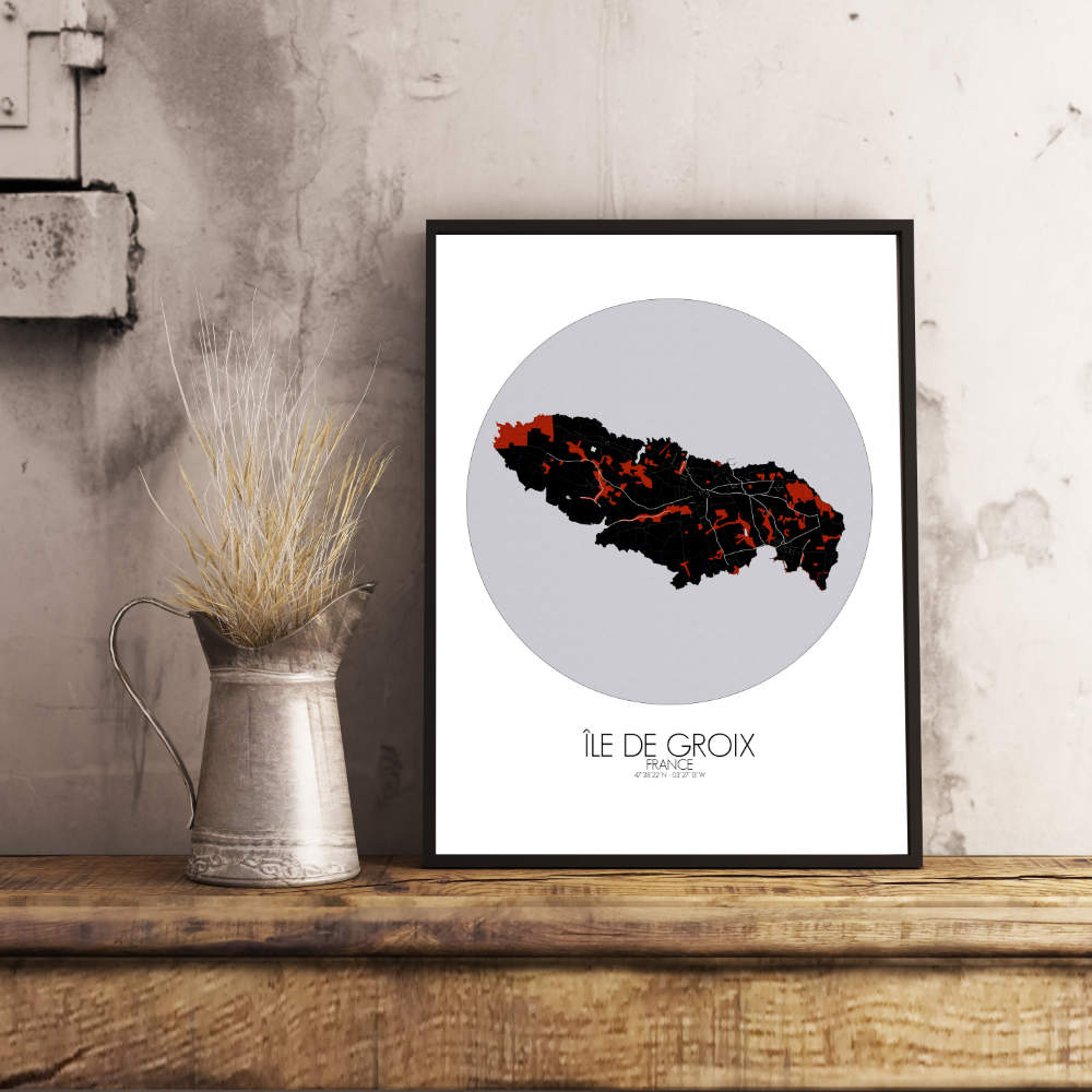 Mapospheres Groix Red dark round shape design poster city map