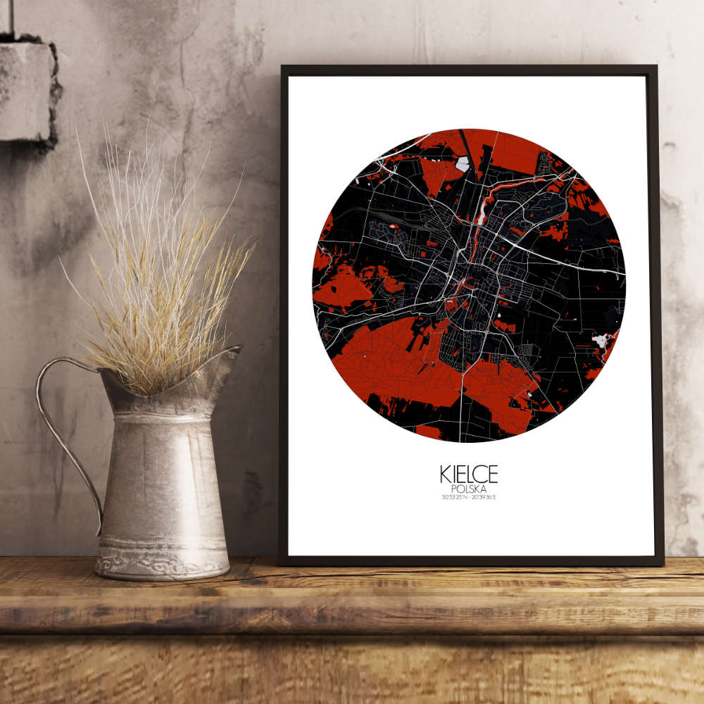 Mapospheres Kielce Red dark round shape design poster city map