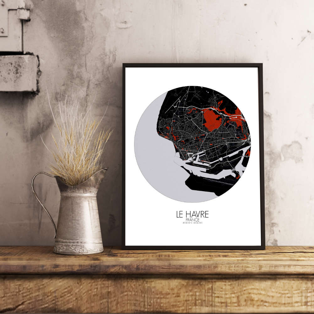 Mapospheres Le Havre Red dark round shape design poster city map