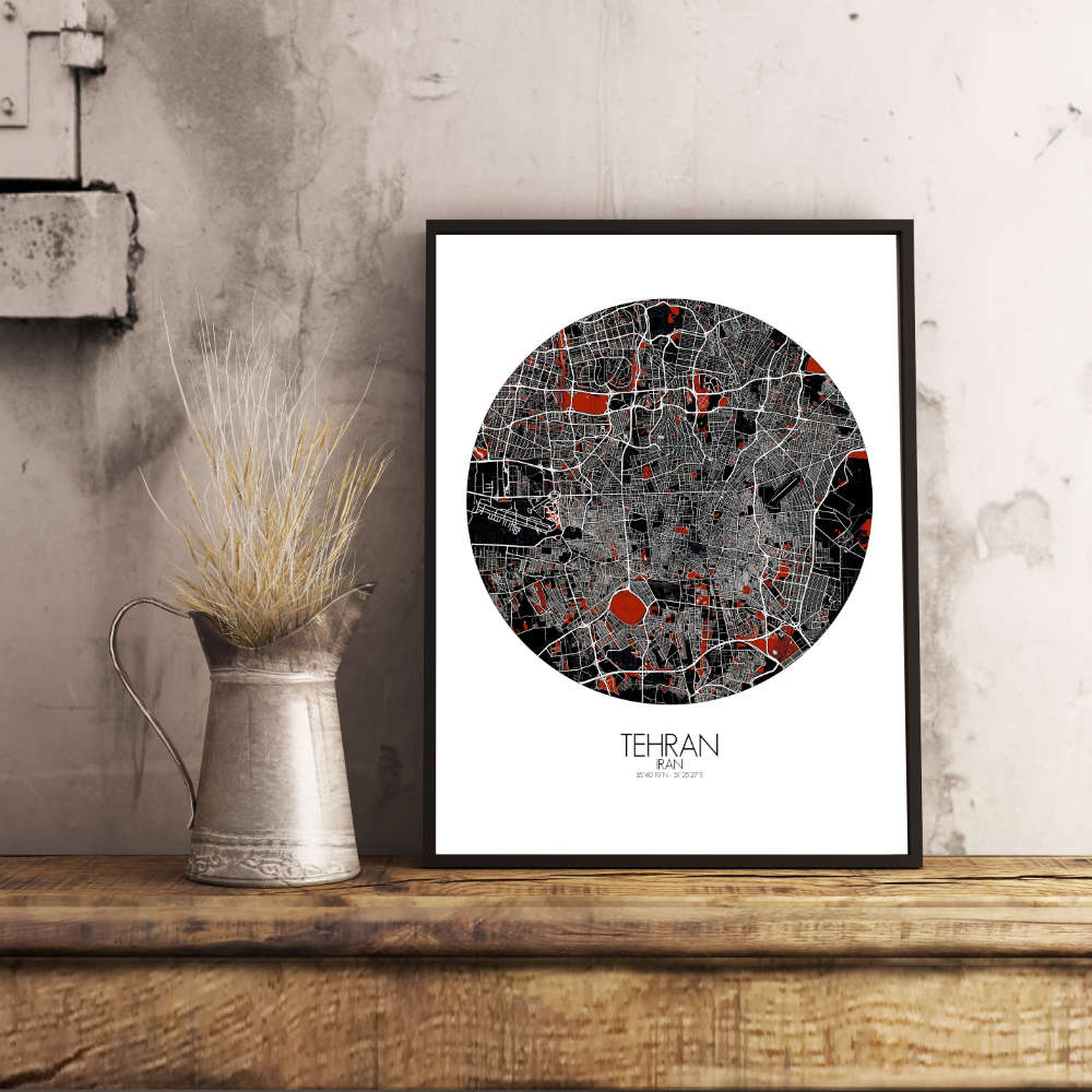 Mapospheres Tehran Red dark round shape design poster city map
