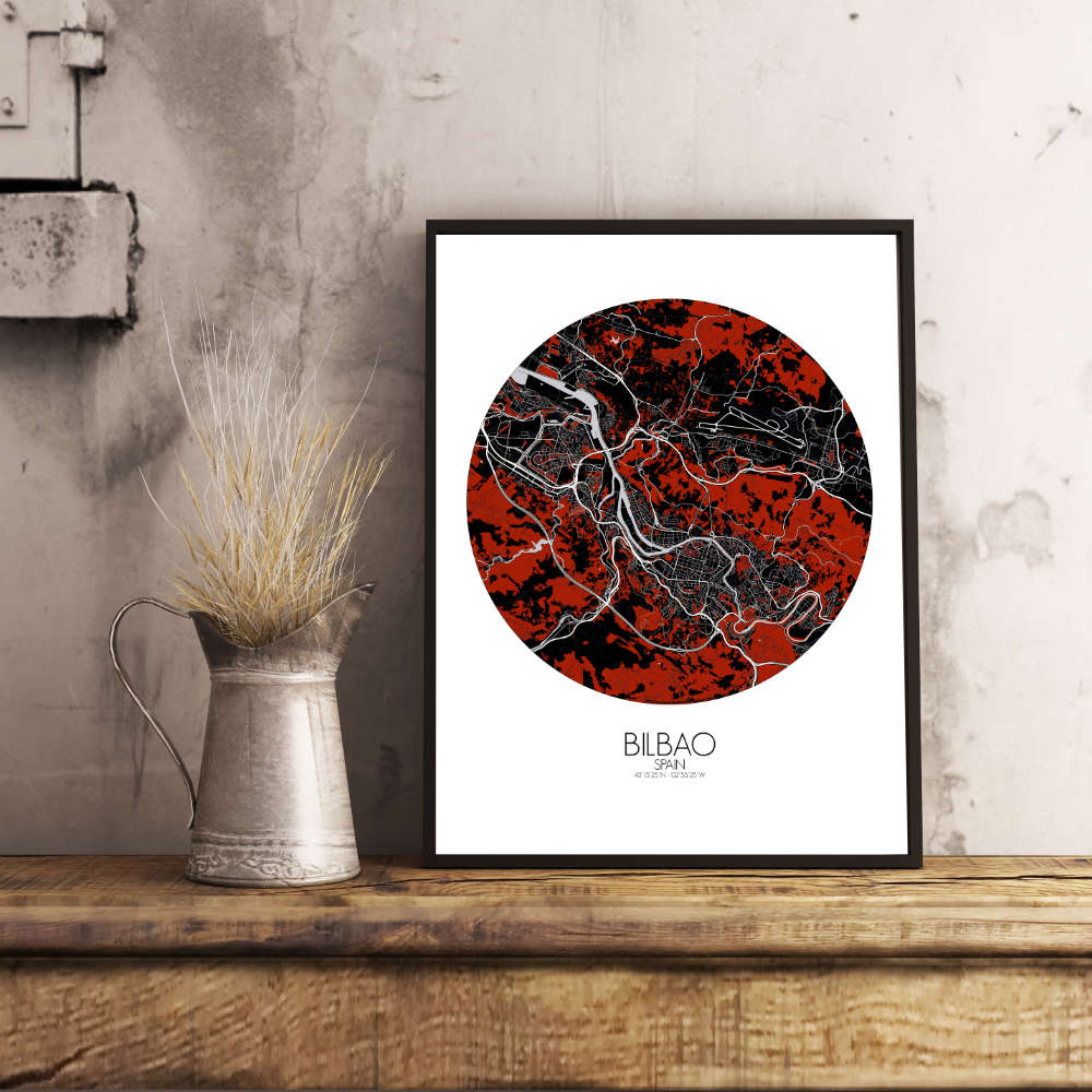 Mapospheres Bilbao Red dark round shape design poster affiche city map