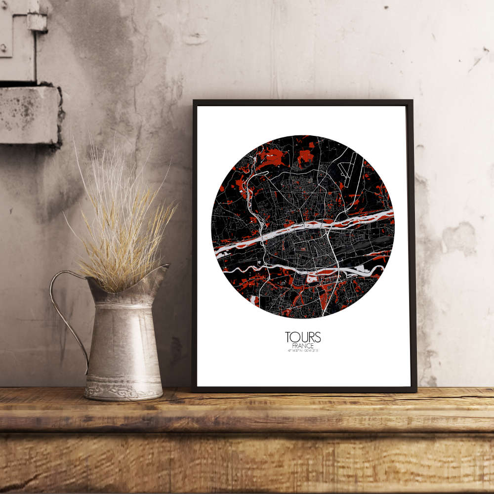 Mapospheres Tours Red dark round shape design poster city map