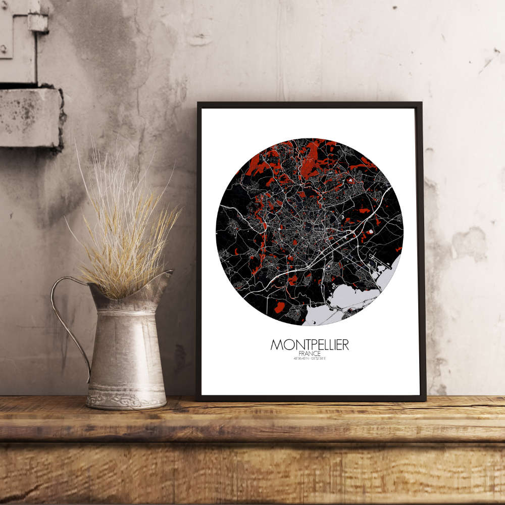 Mapospheres Montpellier Red dark round shape design poster city map