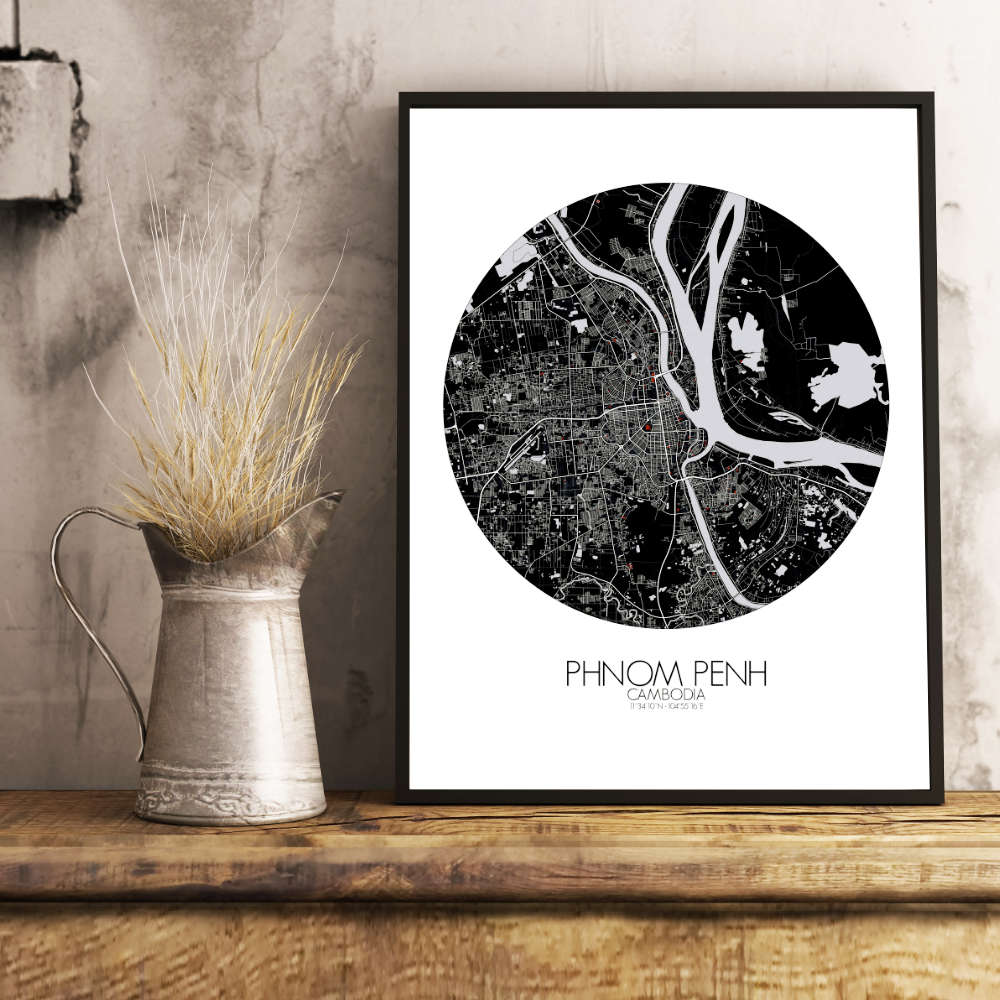 Mapospheres Phnom Penh Red dark round shape design poster city map