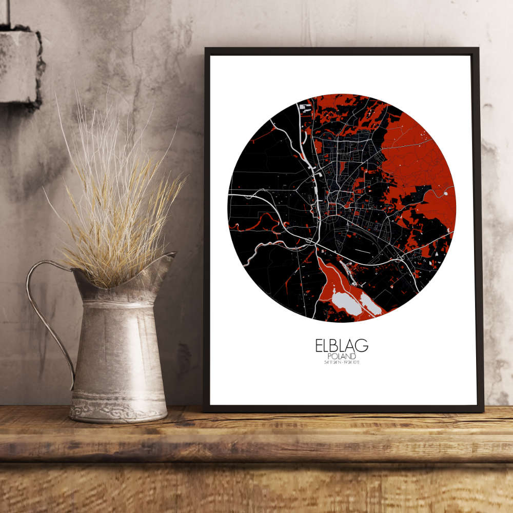 Mapospheres Elblag Red dark round shape design poster city map