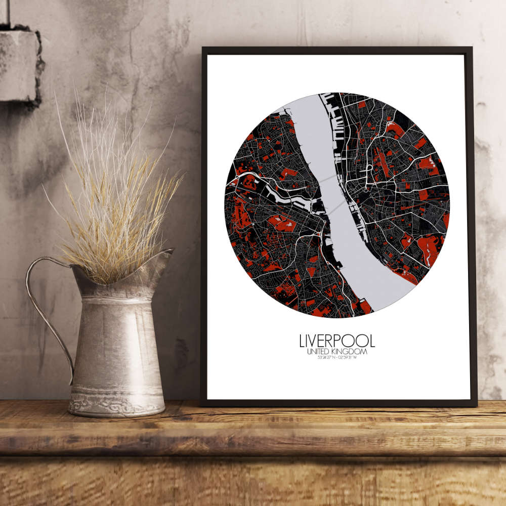 Mapospheres Liverpool Red dark round shape design poster city map