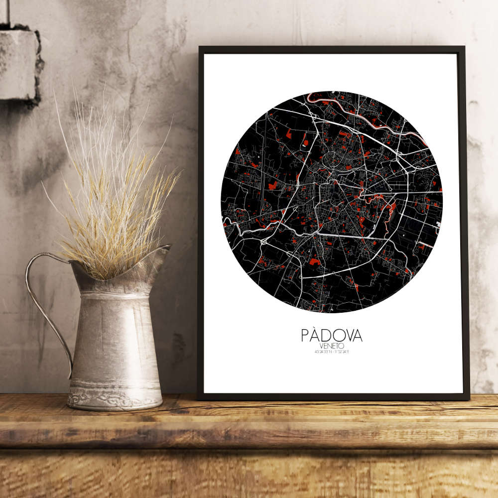 Mapospheres Padua Red dark round shape design poster city map