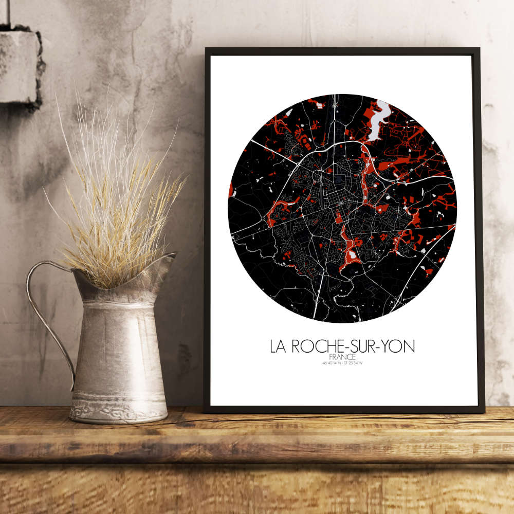 Mapospheres La Roche sur Yon Red dark round shape design poster city map