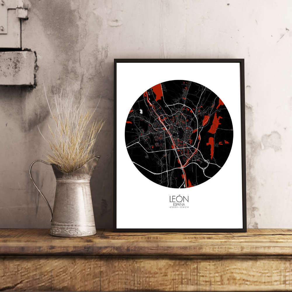 Mapospheres Leon Red dark round shape design poster affiche city map