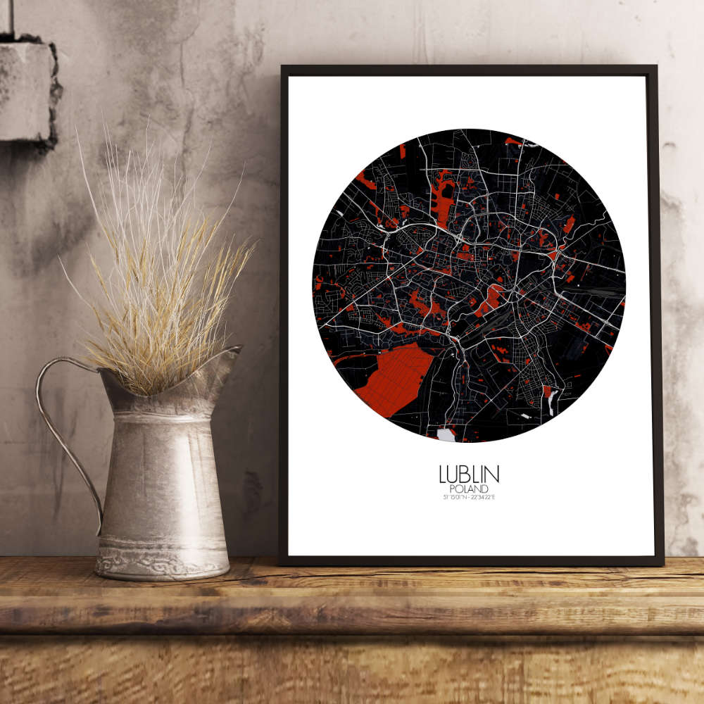 Mapospheres Lublin Red dark round shape design poster city map
