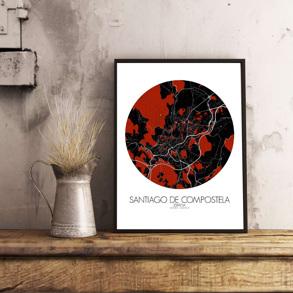 Mapospheres Santiago Red dark round shape design poster affiche city map