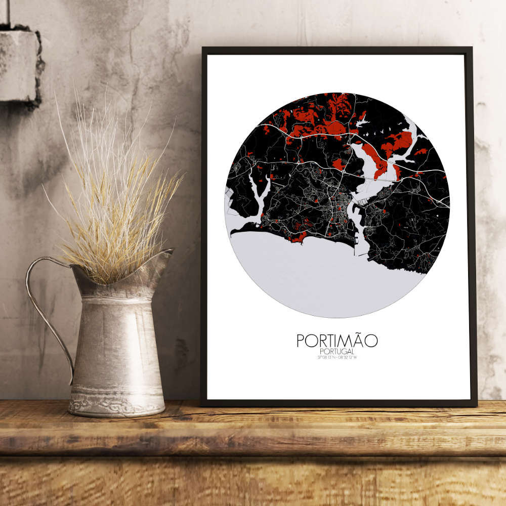 Mapospheres Portimao Red dark round shape design poster city map