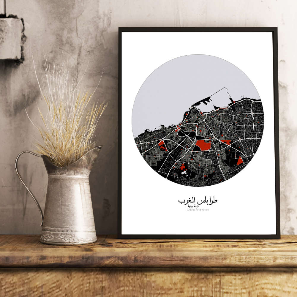 Mapospheres Tripoli Red dark round shape design poster affiche city map