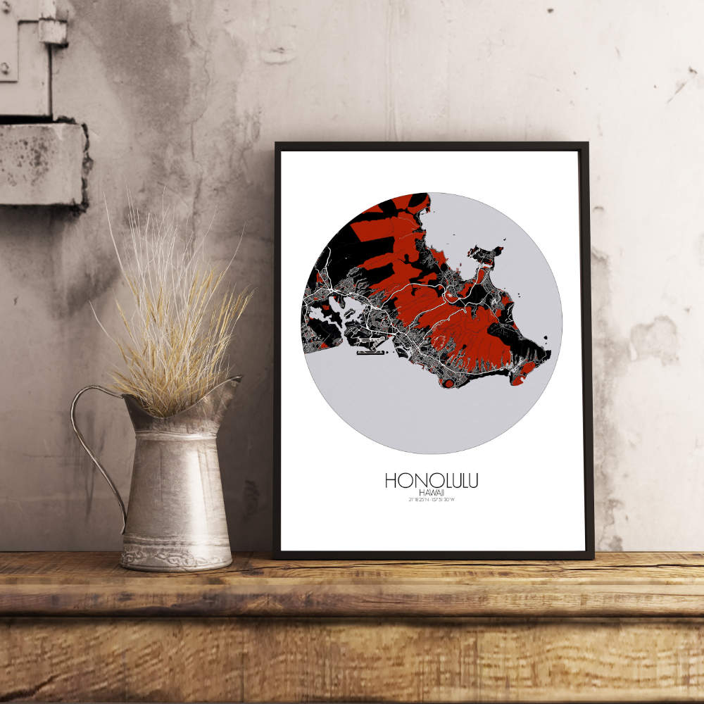 Mapospheres Honolulu Red dark round shape design poster city map