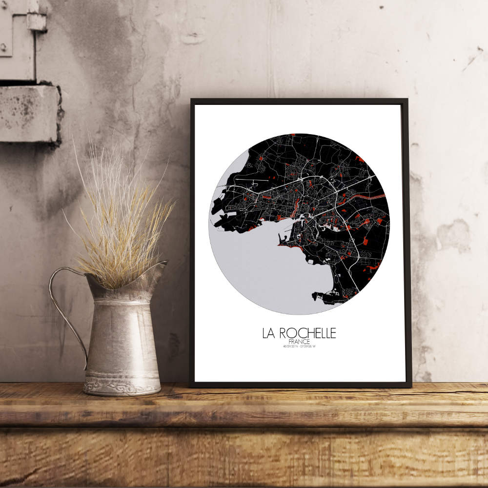 Mapospheres La Rochelle Red dark round shape design poster city map