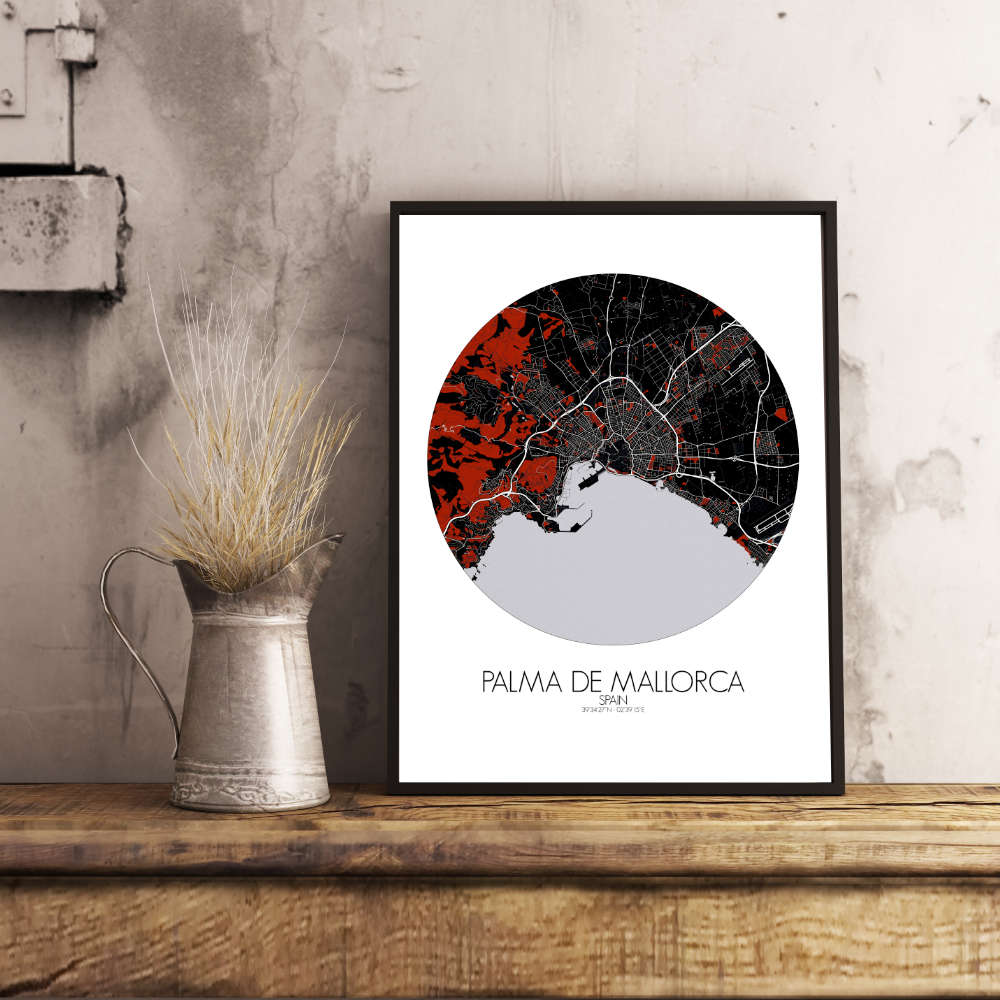 Mapospheres Palma Red dark round shape design poster affiche city map