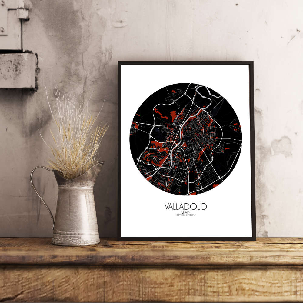 Mapospheres Valladolid Red dark round shape design poster affiche city map