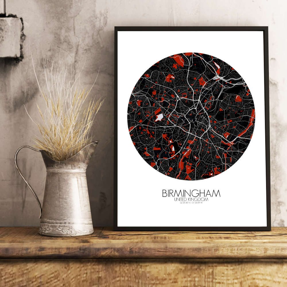 Mapospheres Birmingham Red dark round shape design poster city map