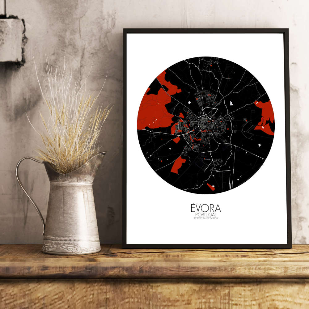 Mapospheres Evora Red dark round shape design poster city map