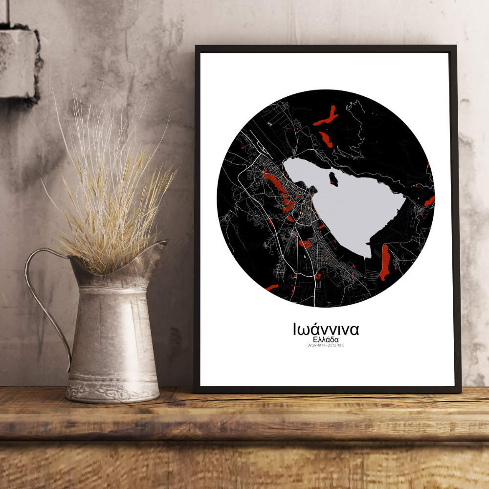 Mapospheres Ioannina Red dark round shape design poster city map