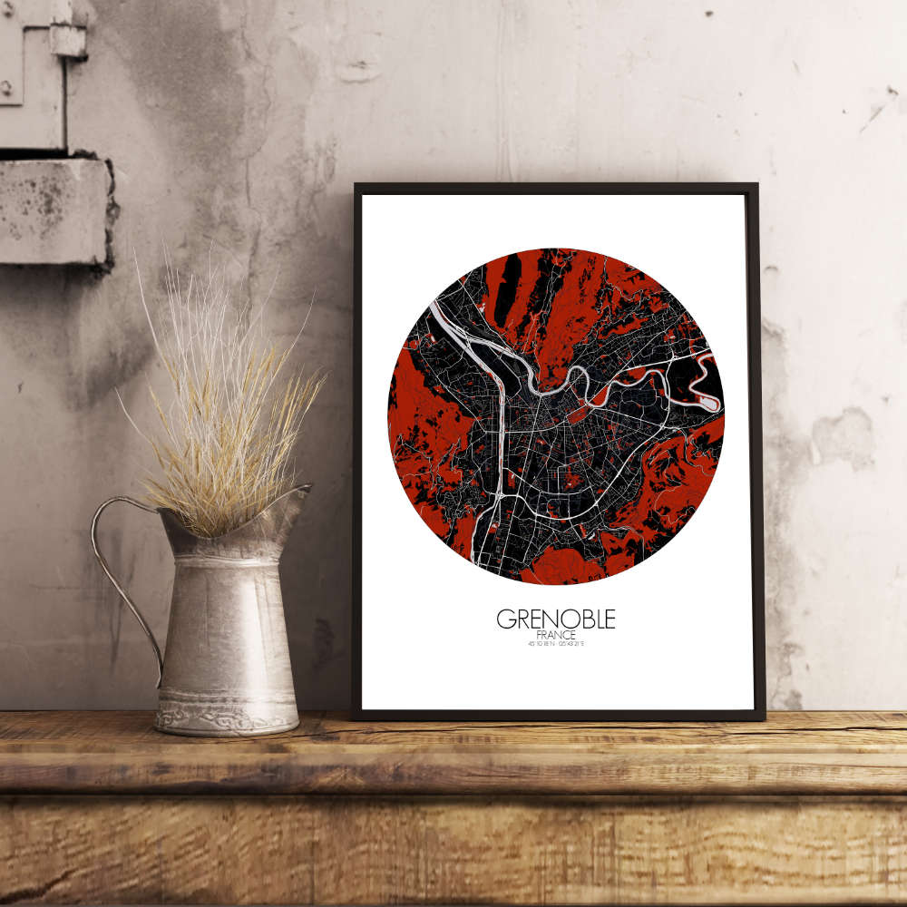 Mapospheres Grenoble Red dark round shape design poster city map