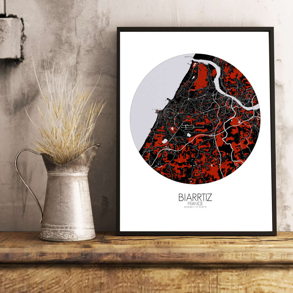 Mapospheres Biarritz Red dark round shape design poster city map