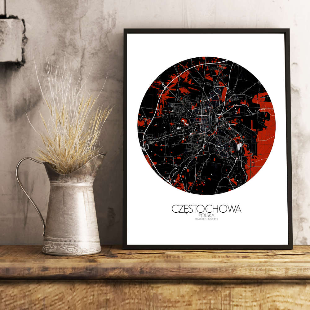 Mapospheres Czestochowa Red dark round shape design poster city map