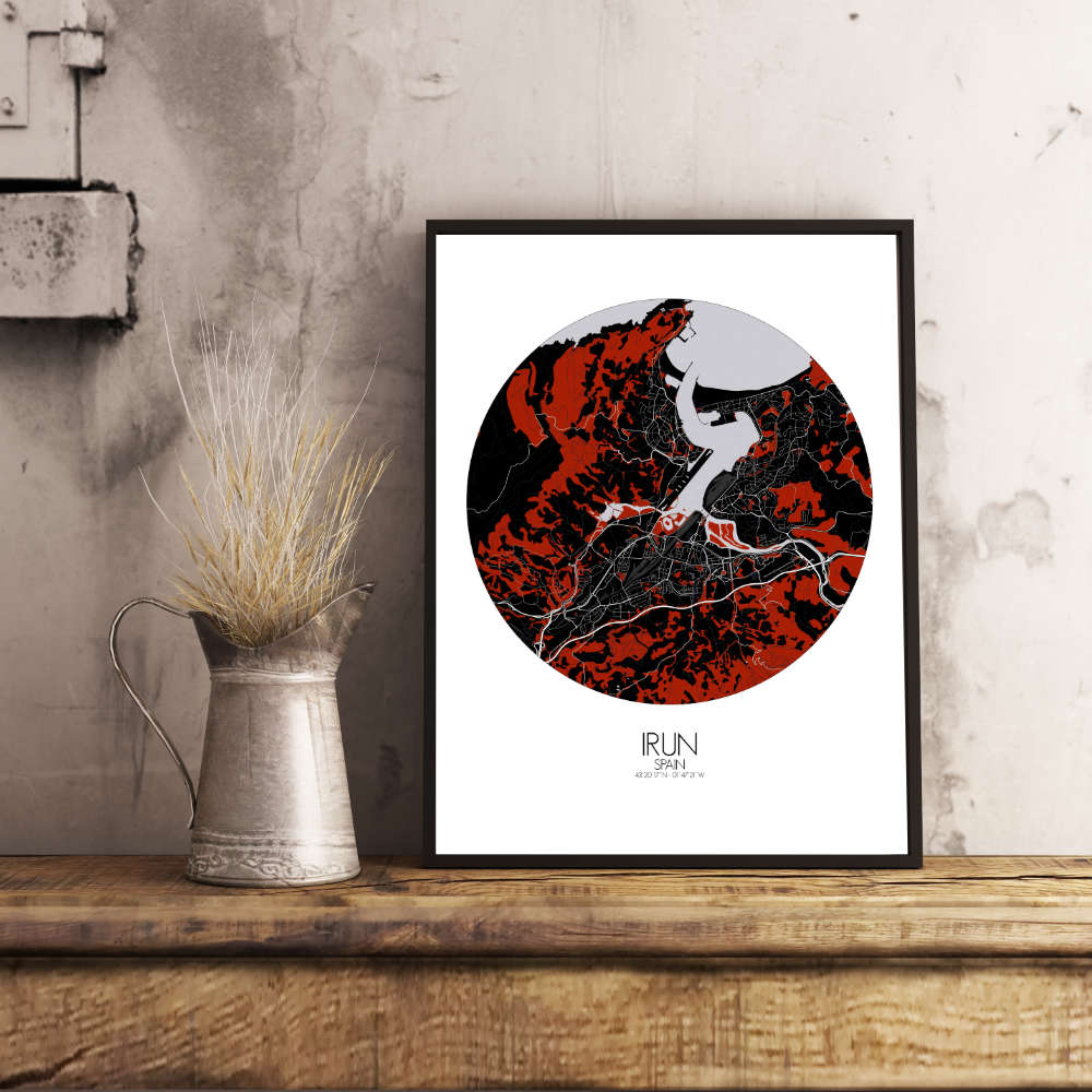 Mapospheres Irun Red dark round shape design poster affiche city map