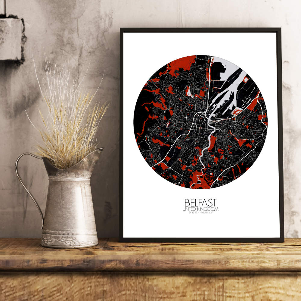 Mapospheres Belfast Red dark round shape design poster city map