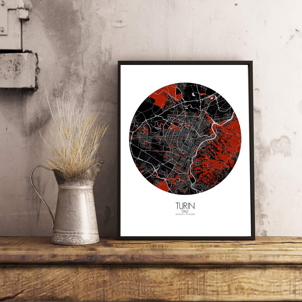 Mapospheres Turin Red dark round shape design poster affiche city map