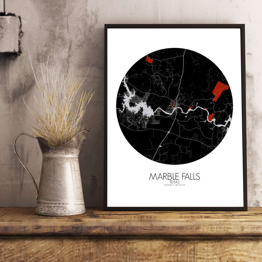 Mapospheres Marble Falls Red dark round shape design poster city map