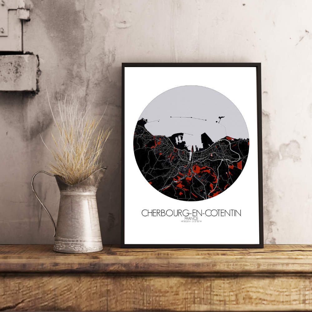 Mapospheres Cherbourg Red dark round shape design poster city map