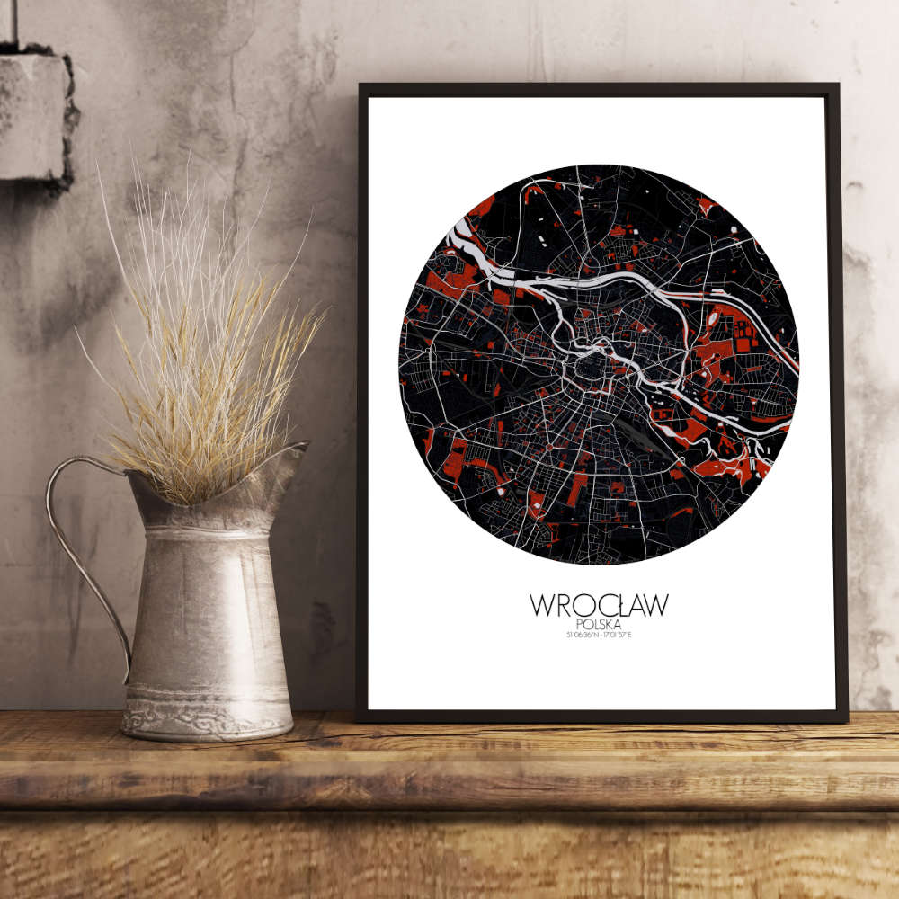 Mapospheres Wroclaw Red dark round shape design poster city map