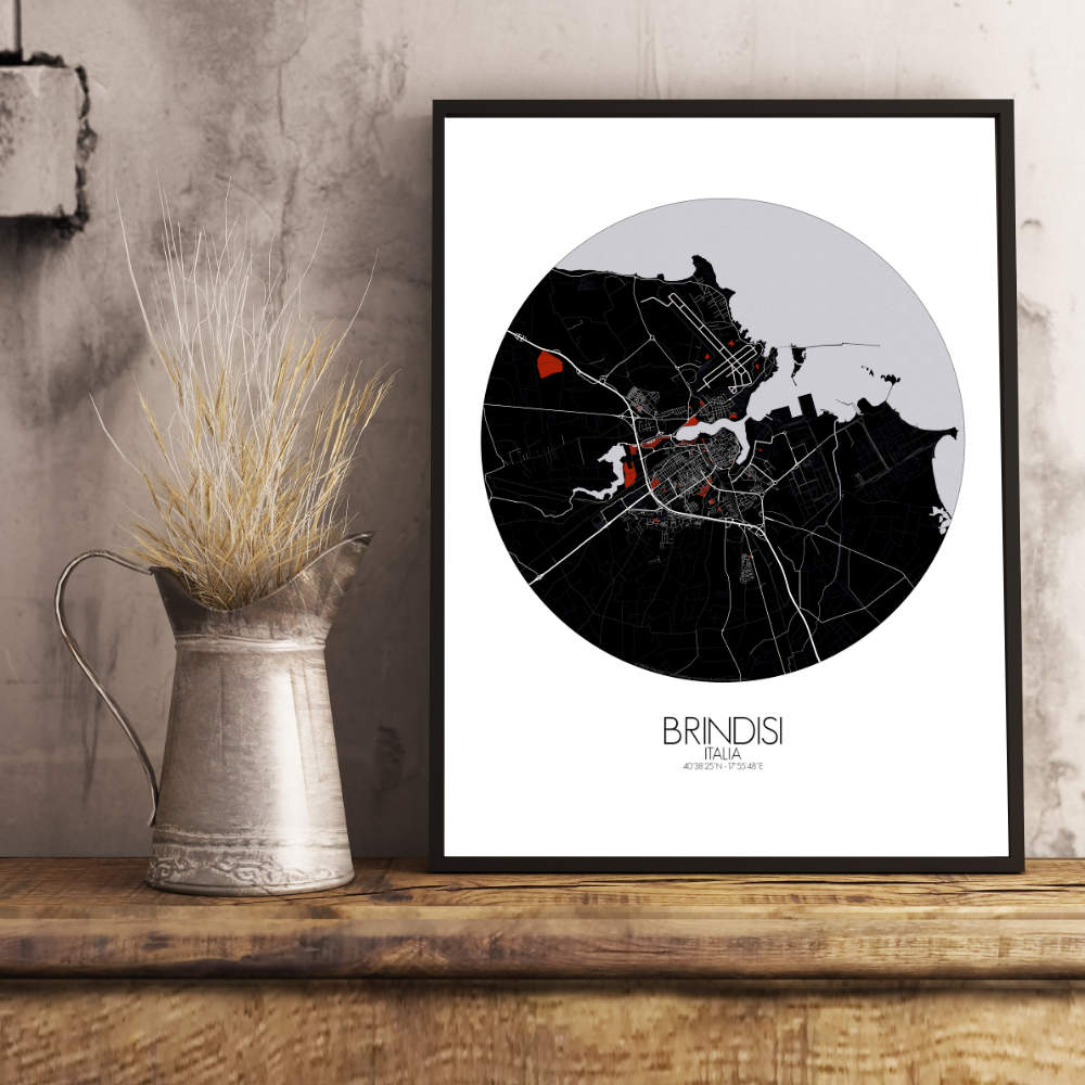 Mapospheres Brindisi Red dark round shape design poster city map