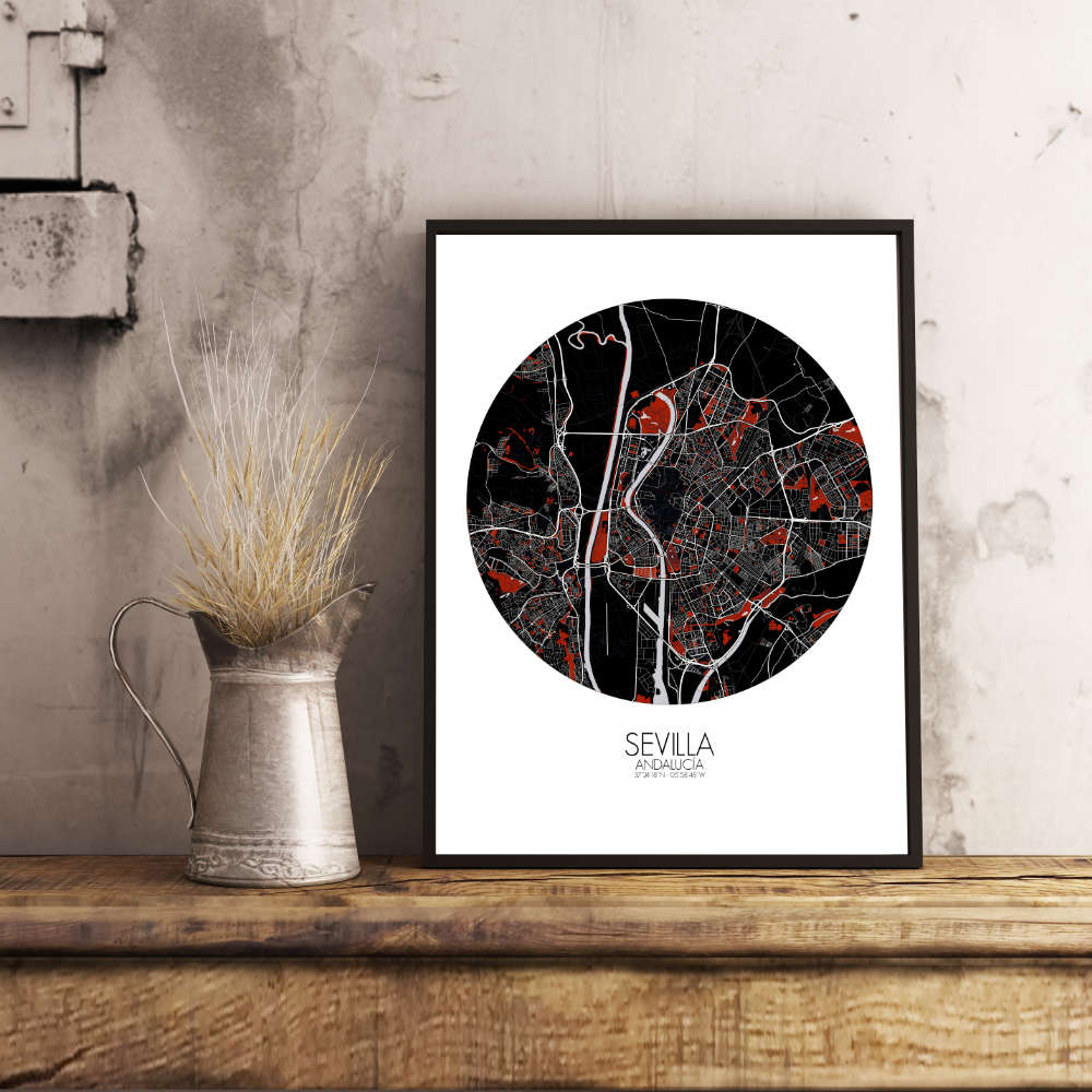Mapospheres Sevilla Red dark round shape design poster affiche city map