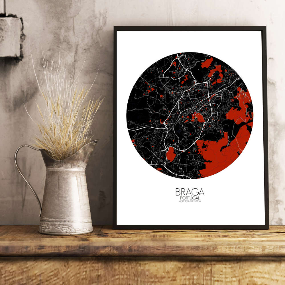 Mapospheres Braga Red dark round shape design poster city map