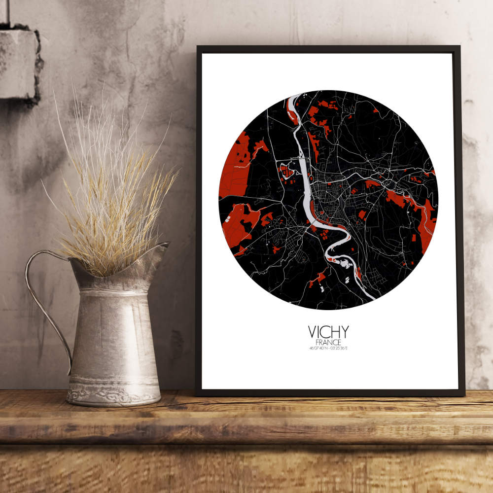 Mapospheres Vichy Red dark round shape design poster city map