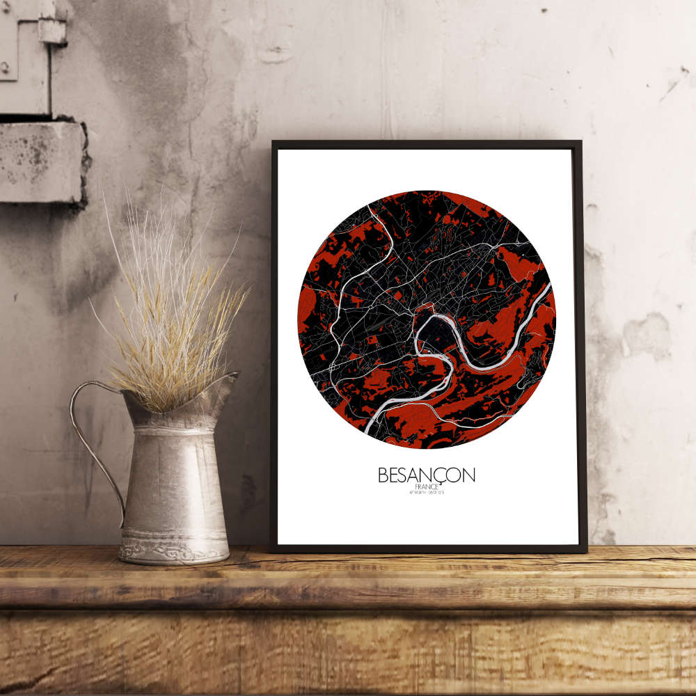 Mapospheres Besancon Red dark round shape design poster city map