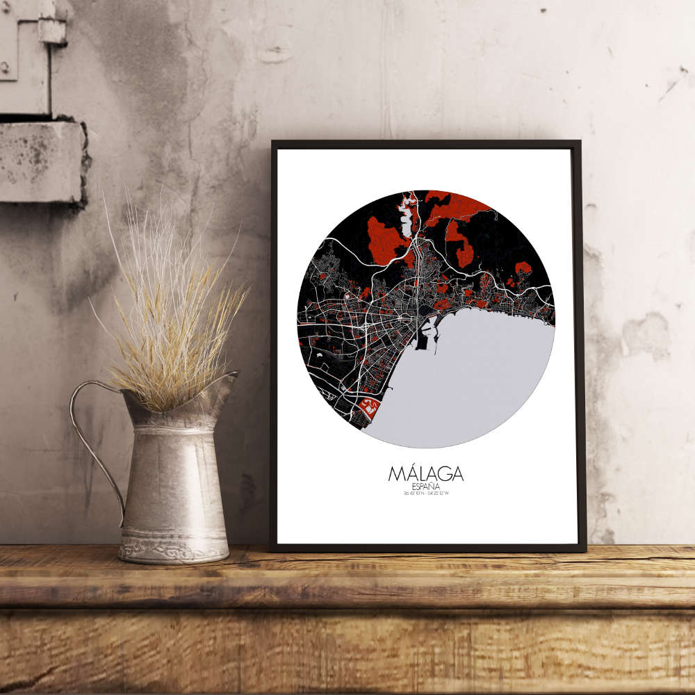 Mapospheres Malaga Red dark round shape design poster affiche city map