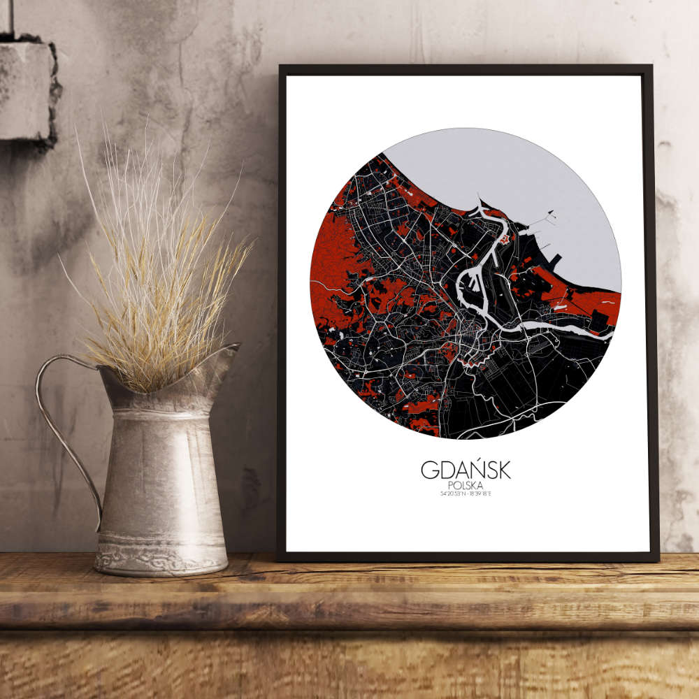 Mapospheres Gdansk Red dark round shape design poster affiche city map