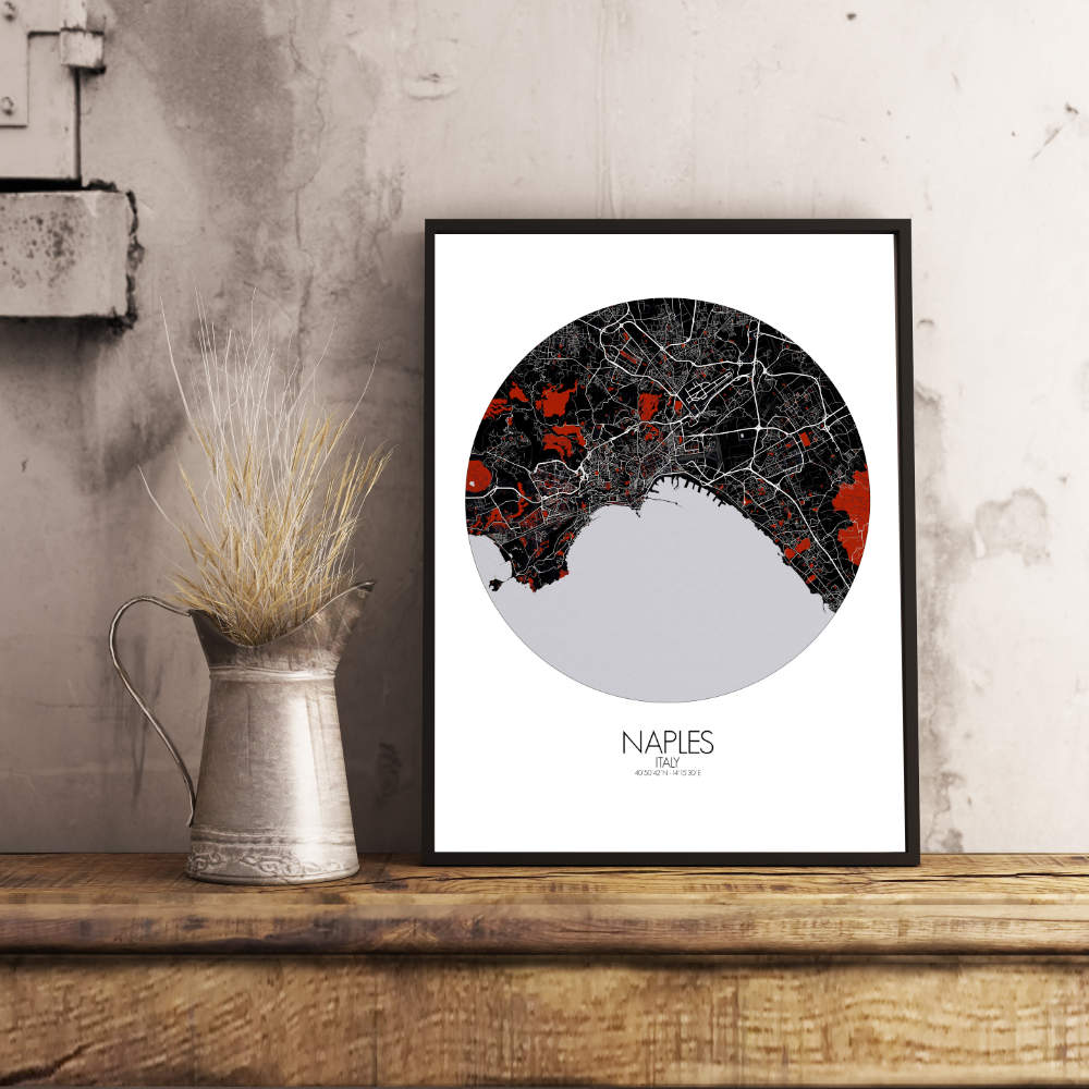Mapospheres Naples Red dark round shape design poster affiche city map