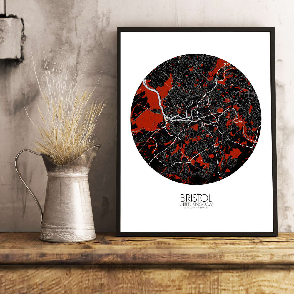Mapospheres Bristol Red dark round shape design poster city map