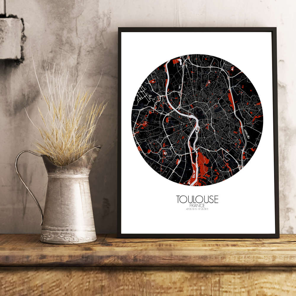 Mapospheres Toulouse Red dark round shape design poster affiche city map