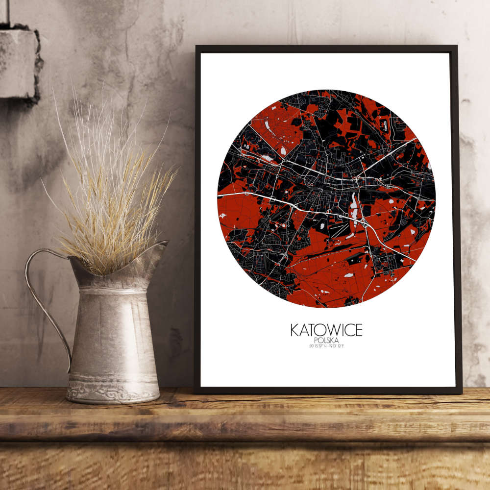 Mapospheres Katowice Red dark round shape design poster city map