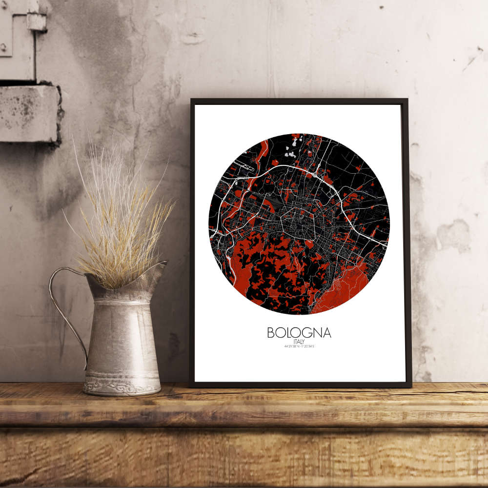 Mapospheres Bologna Red dark round shape design poster affiche city map