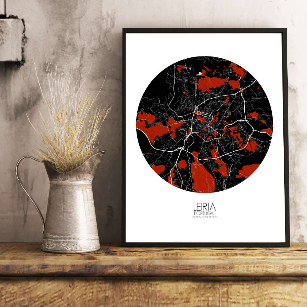 Mapospheres Leiria Red dark round shape design poster city map