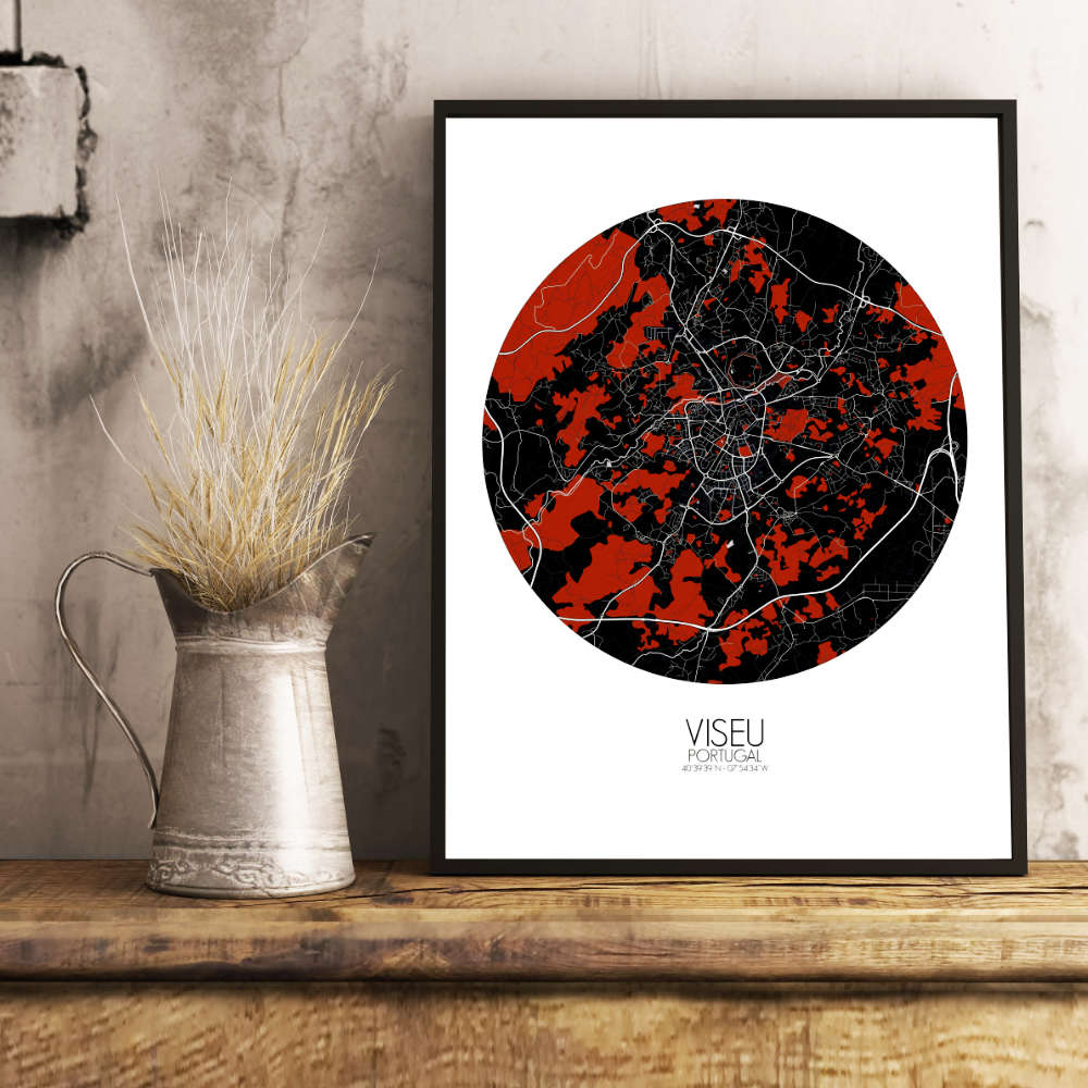 Mapospheres Viseu Red dark round shape design poster city map