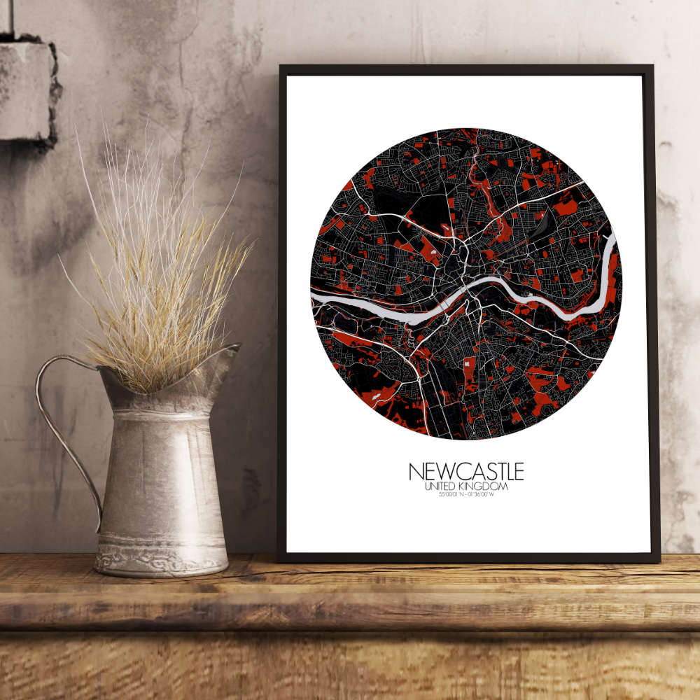 Mapospheres Newcastle Red dark round shape design poster city map