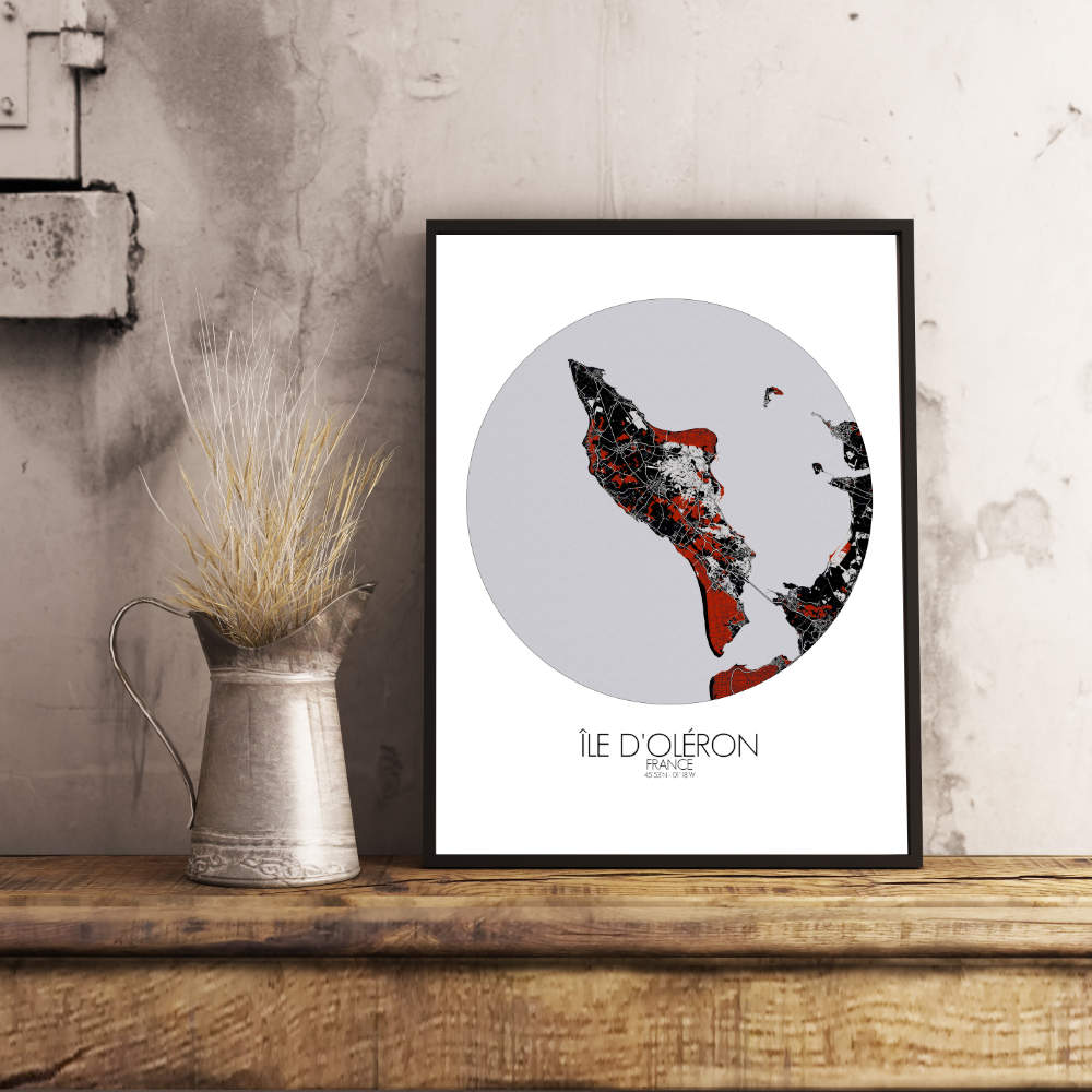 Mapospheres oleron Red dark round shape design poster city map